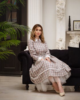 A stylish woman in a vintage dress sits in a refined, elegant living room.