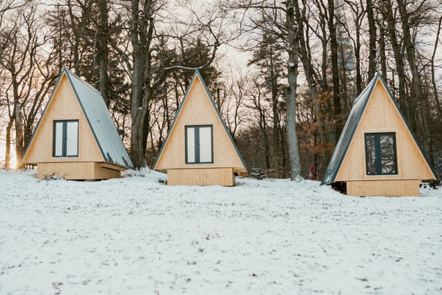 Row of A-frame cabins on a snowy forest ridge at dusk — photo by Helena Jankovičová Kováčová on Pexels