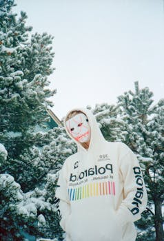 一个穿着连帽衫、戴着口罩的人站在白雪皑皑的森林里，透出神秘而应季的氛围