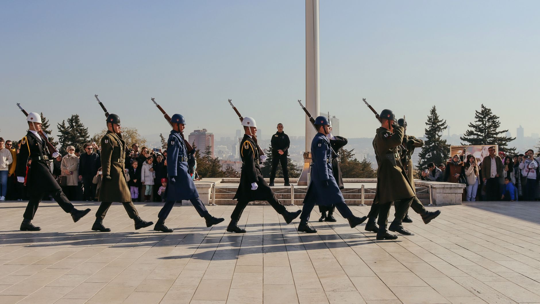 Soldiers performing ceremonial march at Anıtkabir, Ankara, Turkey with spectators watching.