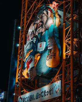 Vibrant giant sign above Osaka's Dotonbori canal, illuminated at night.