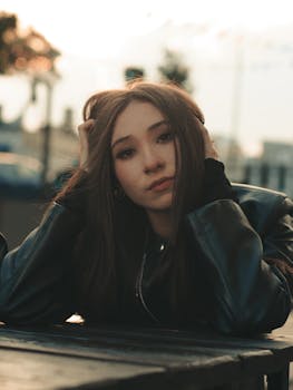 A young woman posing thoughtfully outdoors in a leather jacket, during daytime.