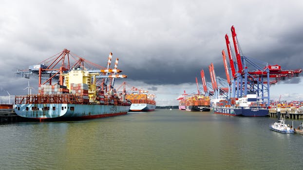 A view of container ships docked at Hamburg Port in Germany.