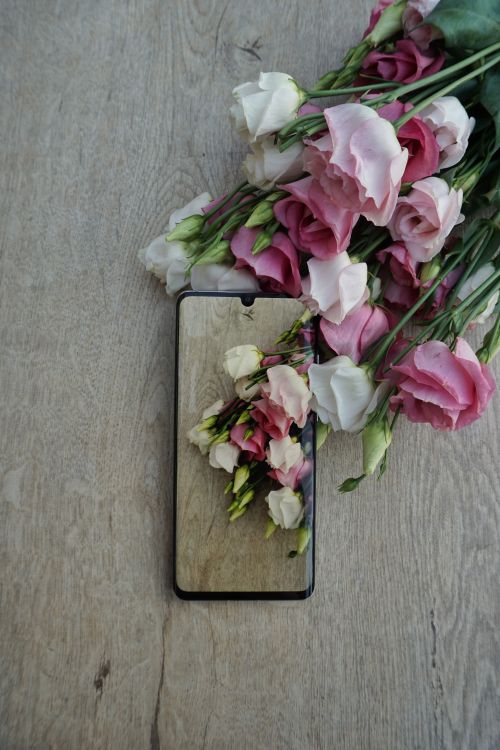 Free A smartphone reflecting a beautiful bouquet of pink and white lisianthus on a wooden table. Stock Photo