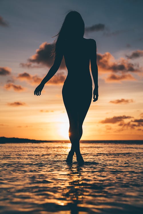 Free 人在日落时站在海滩上的剪影 Stock Photo