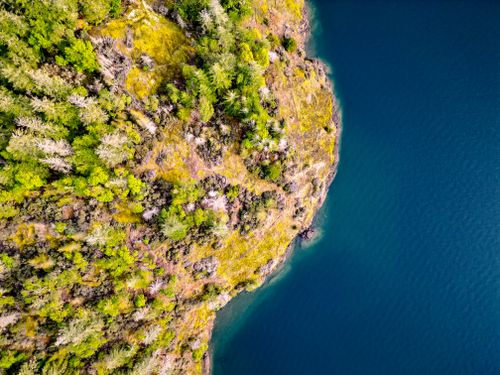 Free Stunning aerial view of a lush green coastline meeting deep blue water. Stock Photo