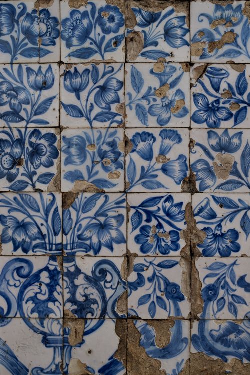 Free Detailed view of traditional blue floral azulejos tiles in Lisbon, Portugal. Stock Photo