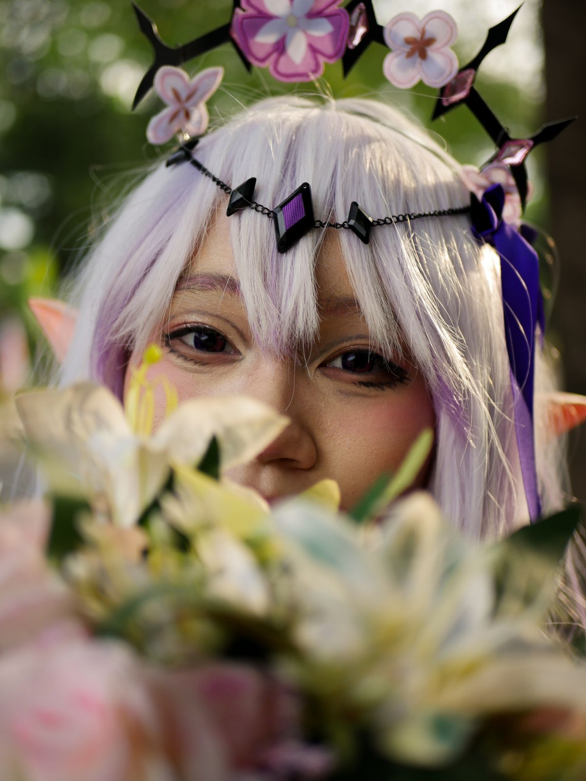 Vibrant outdoor cosplay portrait of a costumed character