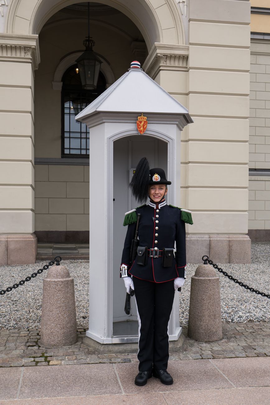 Een Noorse Koninklijke Garde staat attent voor een officiële wachttoren van het paleis.