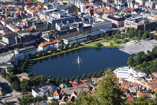 Captivating aerial view of Lille Lungegårdsvannet lake and surrounding architecture in Bergen, Norway.