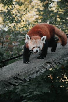 A red panda balances gracefully on a log surrounded by lush greenery in Hungary's natural setting.