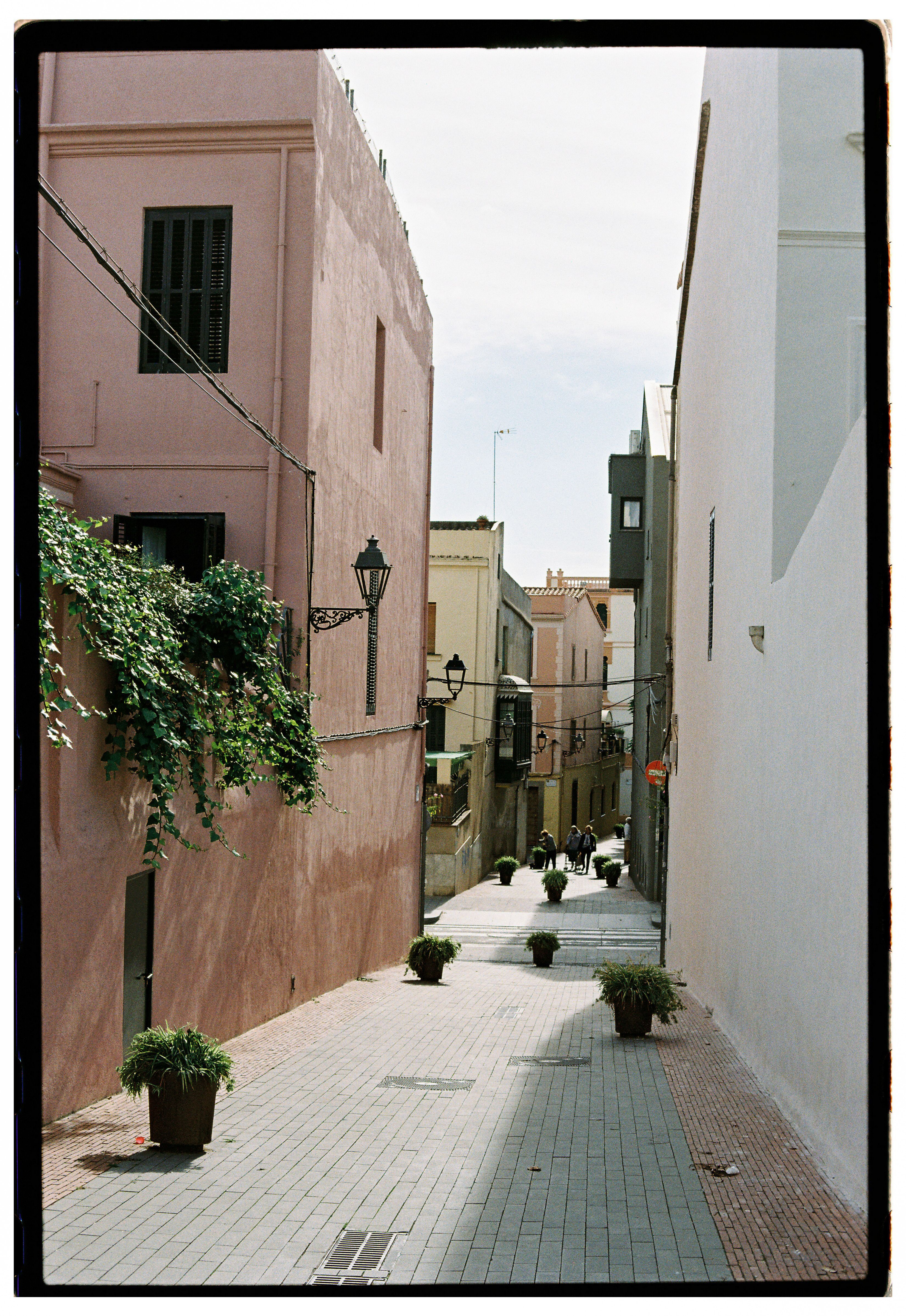 A scenic alleyway with pastel buildings and potted plants in a Mediterranean town.