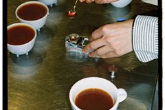 Close-up of a coffee tasting session with a focus on spoons and cups.