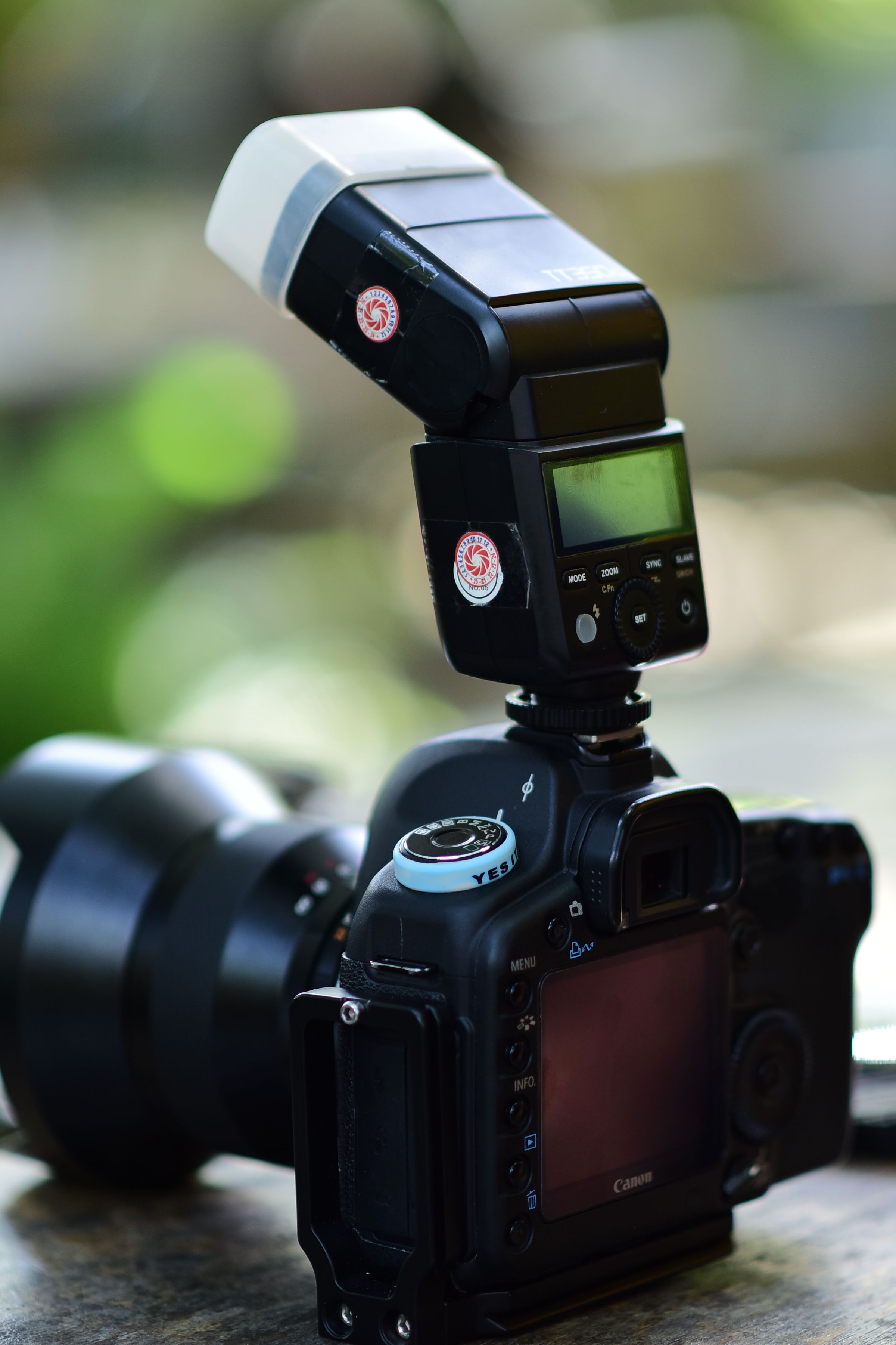 Close-up of a DSLR camera with an external flash, capturing detail in outdoor setting.