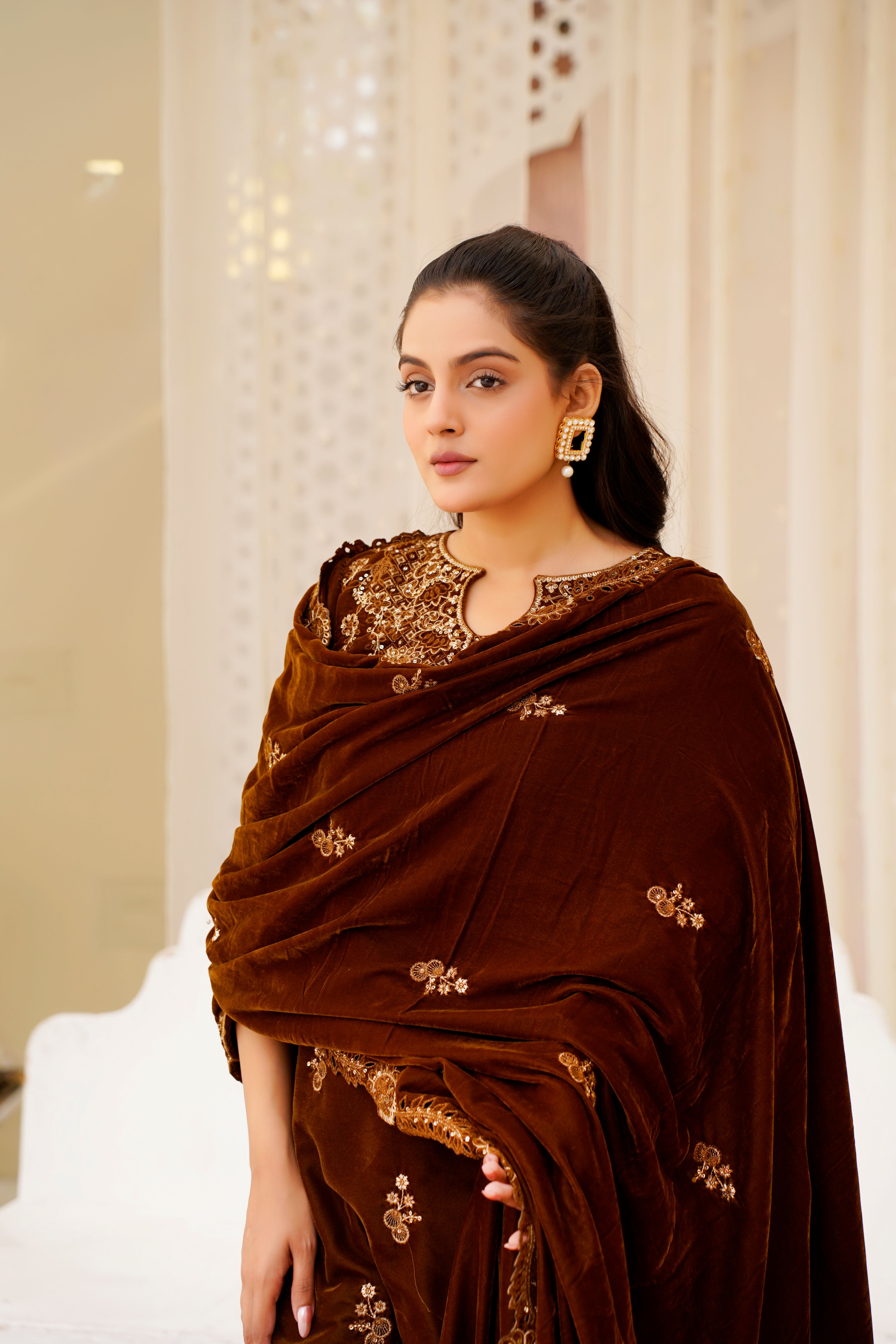 Elegant Embroidered Velvet Dress in Lahore Setting  Free Stock Photo