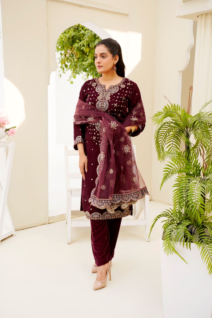 Maroon Velvet Kurta Set