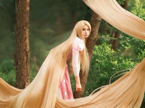 Scena incantevole di una principessa dai capelli lunghi in una foresta magica.