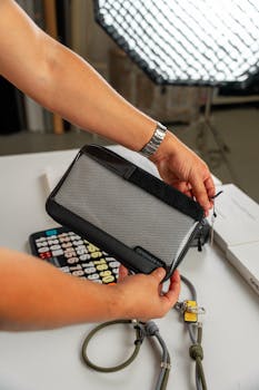 Hands holding a compact, black and gray tech bag in a studio setting surrounded by various equipment.