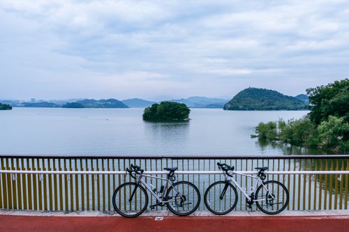 Free Two bicycles parked by a serene lake in Hangzhou, China, perfect for outdoor adventures. Stock Photo