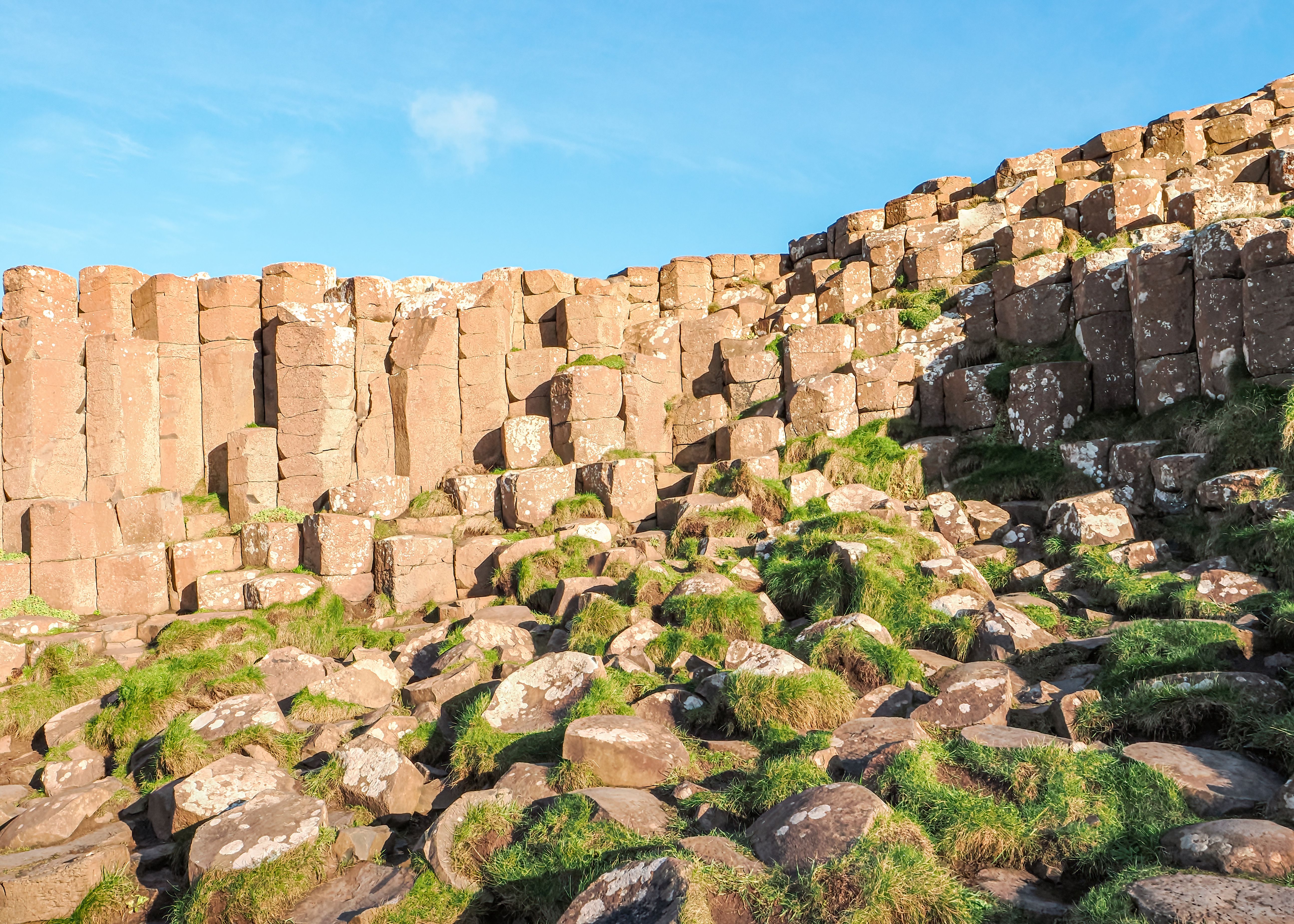Unique hexagonal basalt columns at Giant's Causeway in Northern Ireland