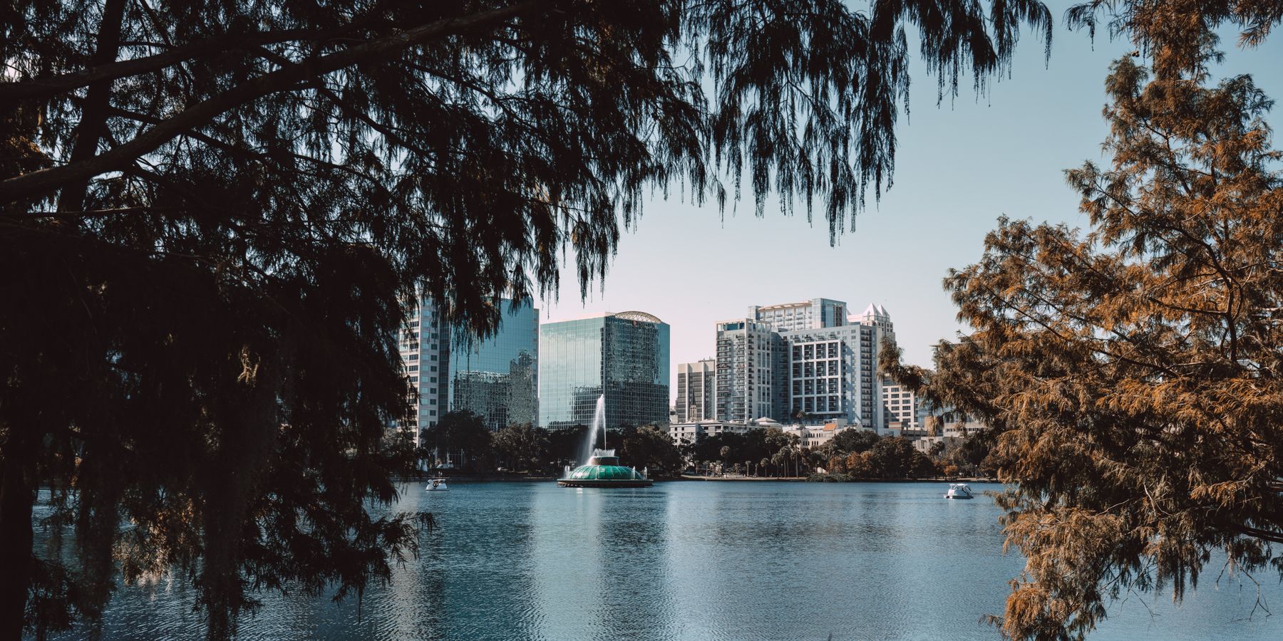 Captivating view of downtown Orlando skyline framed by trees at Lake Eola.