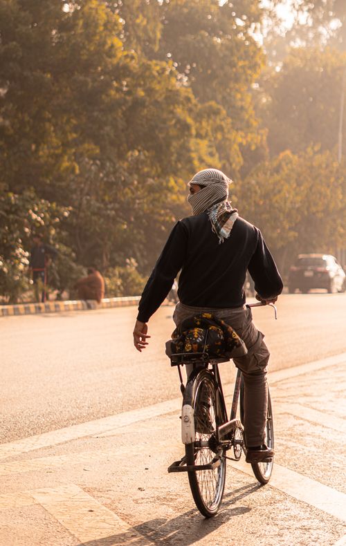 Free A man rides a bicycle on a sunlit street enveloped in morning mist, creating a serene atmosphere. Stock Photo