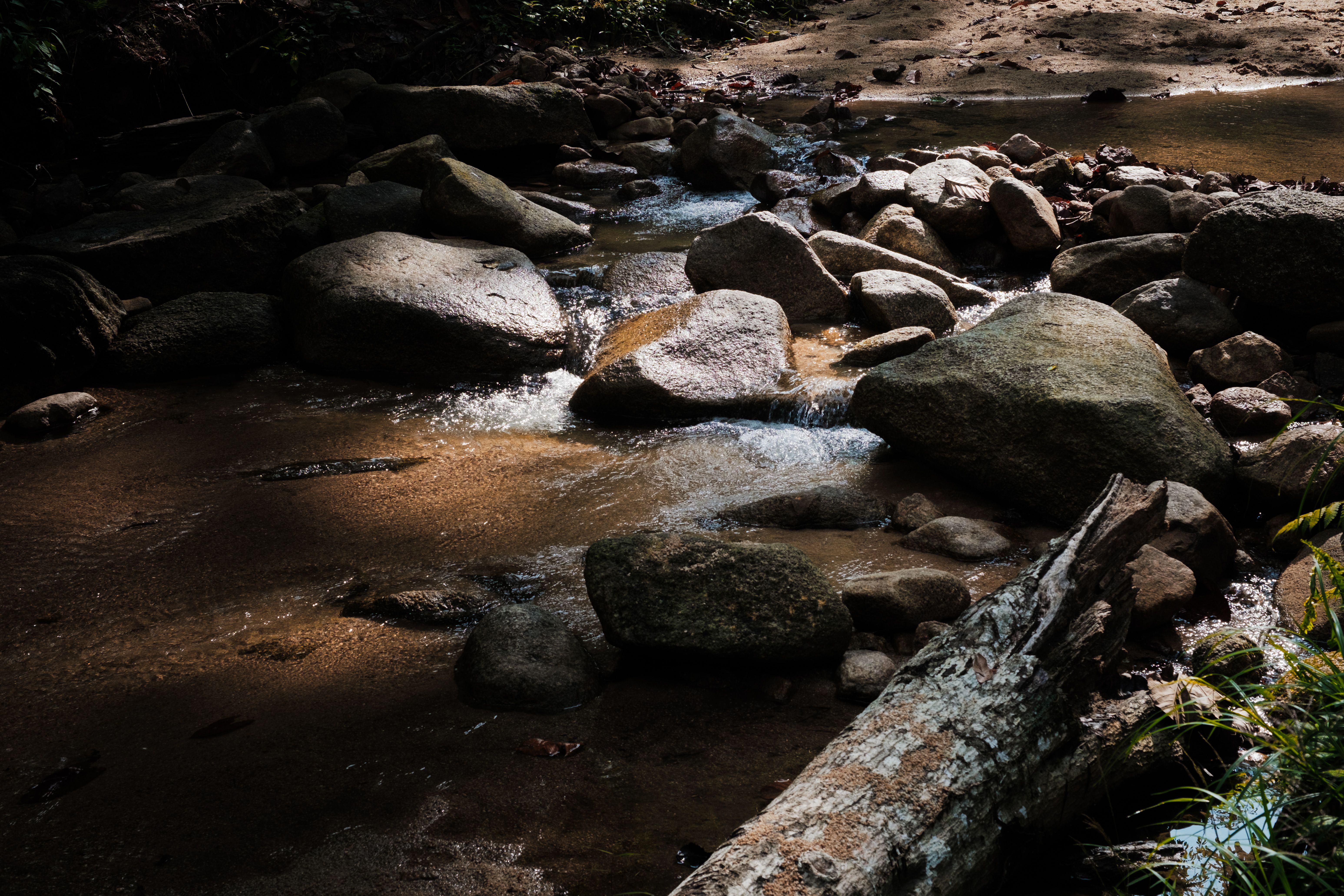 A tranquil stream flows over rocks in the lush forest of Labis, Johor, Malaysia.