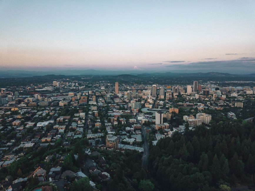From above modern city districts with high rise buildings against misty mountains in dusky time