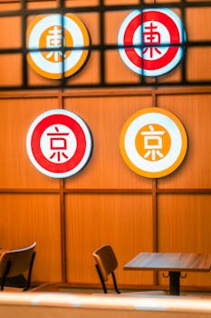 Vibrant neon signs on a wooden wall in a stylish restaurant, Calabarzon, Philippines.
