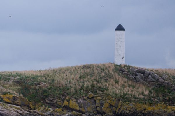 Tourelle d'amer blanche à toit noir sur un îlot de granit herbeux à Chausey