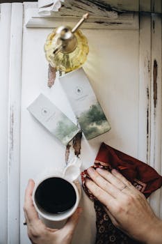 A cozy flatlay of artisan skincare products with coffee on a vintage table.