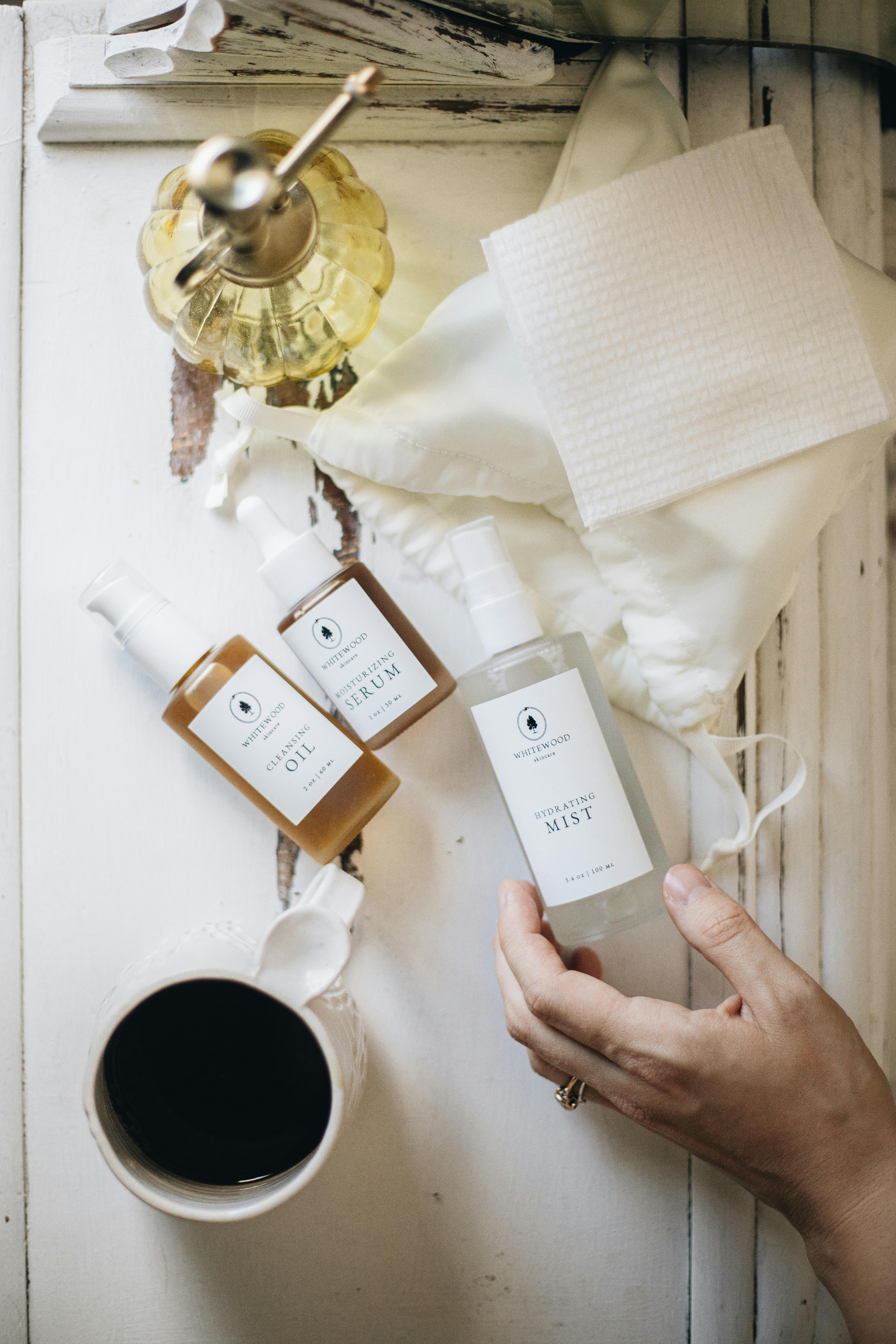 Elegant flat lay of natural skincare products, showcasing organic beauty in a cozy setting.