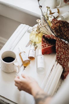 Elegant flat lay of skincare products with coffee and a cozy scarf, ideal for self-care routines.