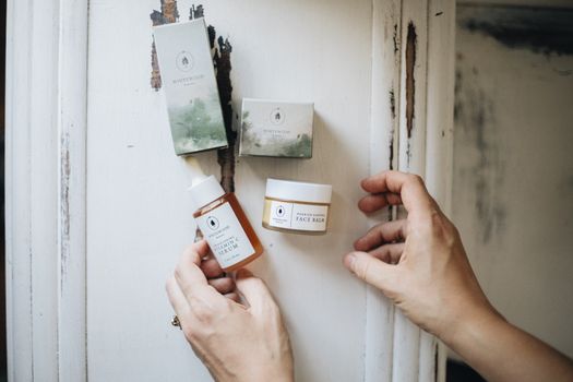 Minimalist flatlay featuring handmade natural skincare products for a cozy and organic feel.