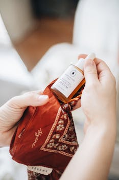 Capture of hands holding natural face serum in cozy, warm tone setting with focus on wellness and skincare.