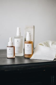 A clean beauty skincare collection in a neutral, minimalist setup showcasing luxury organic products.
