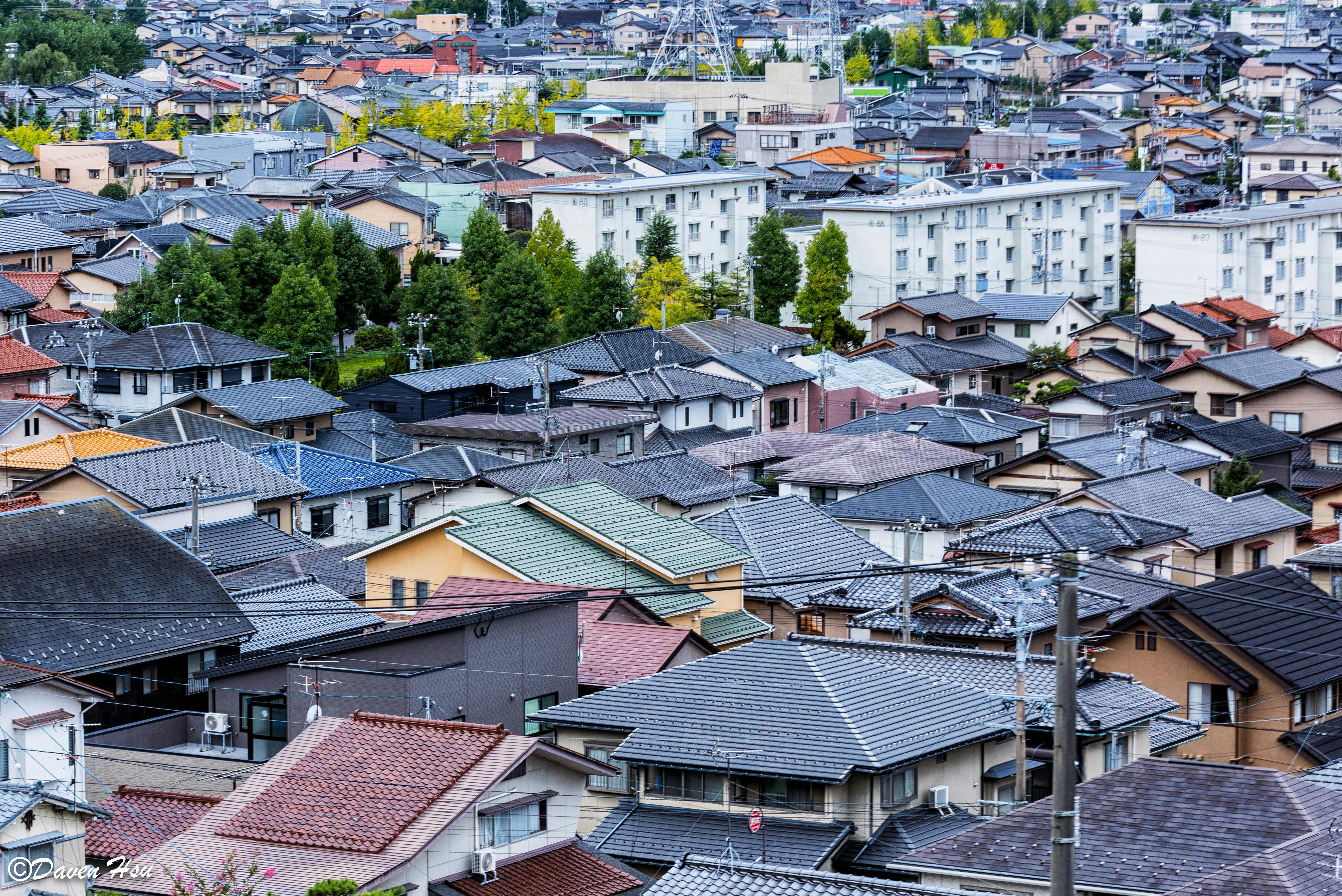 Japanese residential rooftops across a town