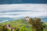 Breathtaking mountain view with mist clouds in Kon Tum, Vietnam. Ideal for nature and travel enthusiasts.