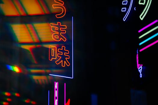 Colorful neon lights illuminate the night with bold hues and striking patterns, creating a vibrant urban atmosphere.