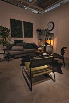 A stylish living room interior with a modern design, featuring warm ambient lighting and contemporary furniture.