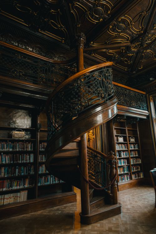 Free Elegant spiral staircase in a vintage Budapest library with intricate woodwork. Stock Photo