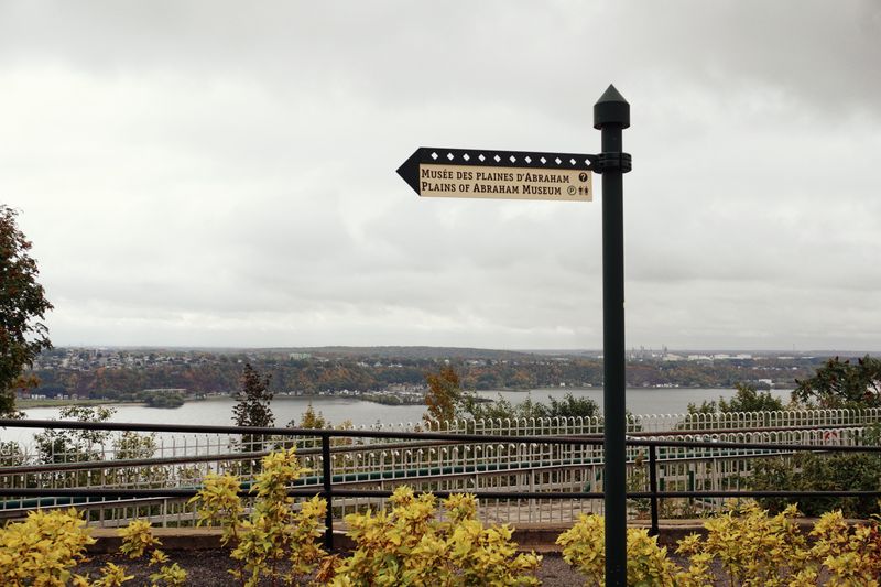 Plains of Abraham overlook sign above the St. Lawrence River in fall