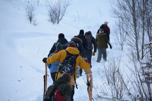 A group of people snowshoeing uphill in a snowy winter landscape.