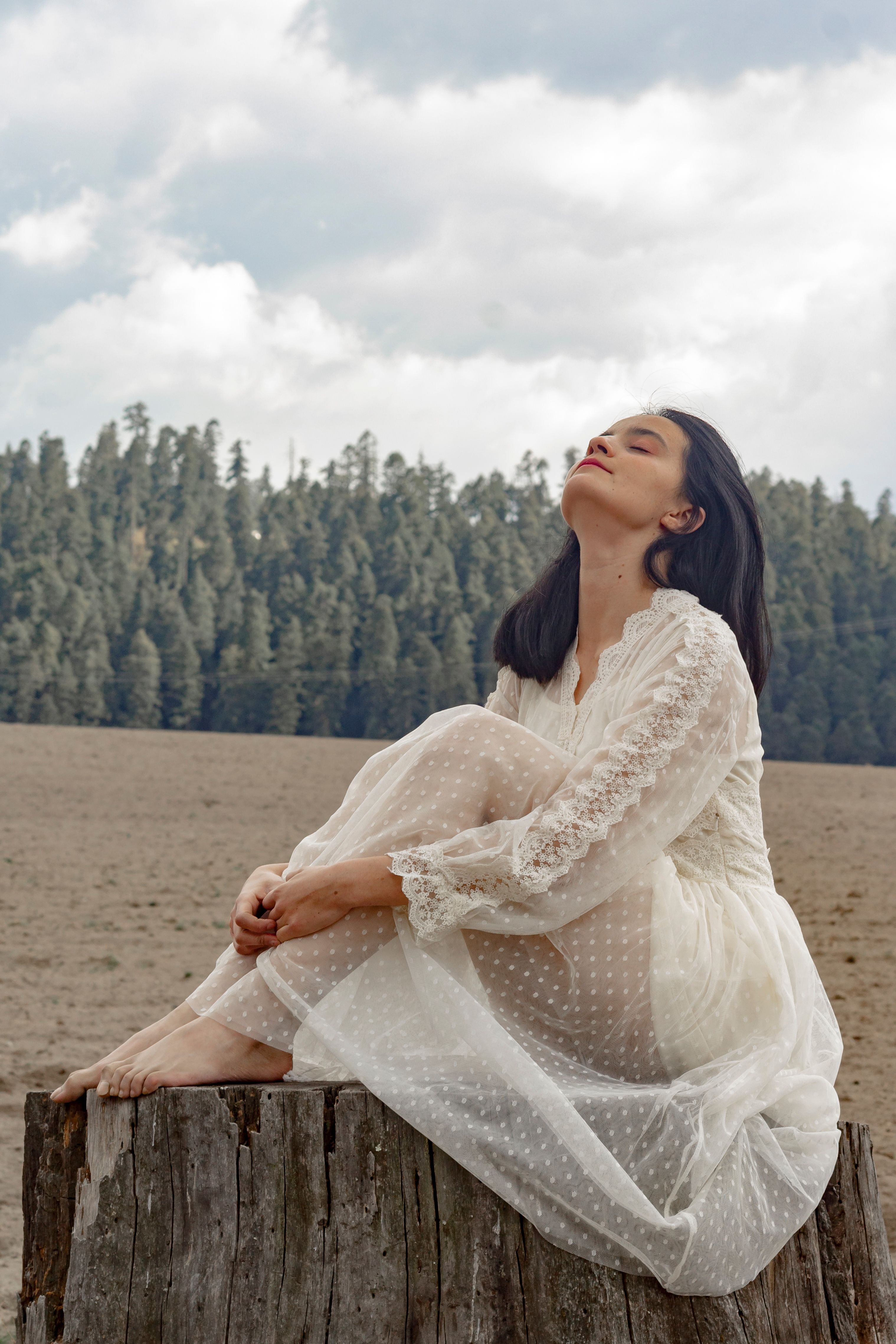 A woman in a white dress sits on a tree stump, surrounded by nature, under a cloudy sky.