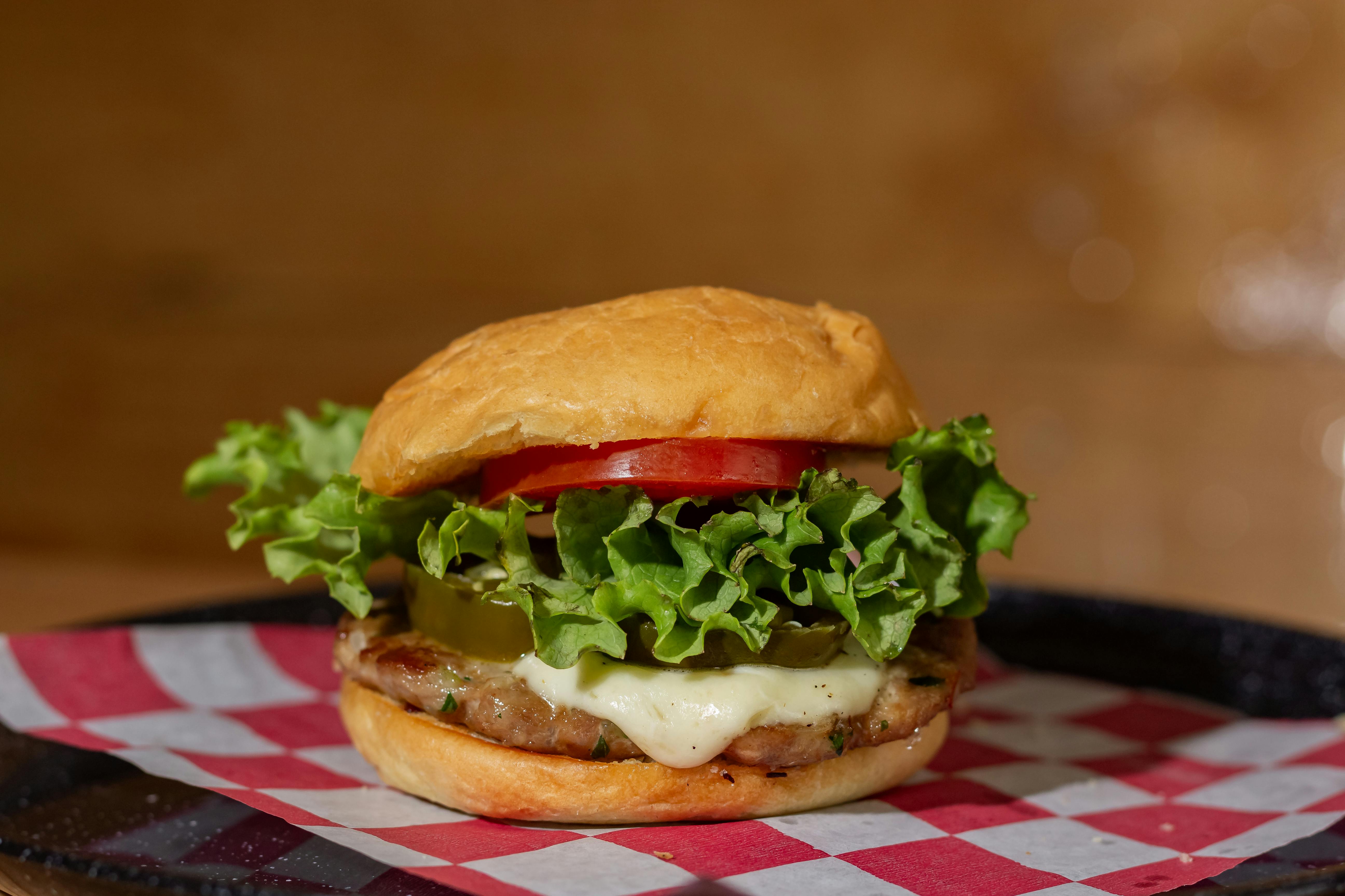 Tasty cheeseburger with lettuce, tomato, and cheese on a bun, perfect for food lovers.