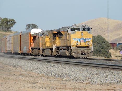 A freight train moving through the dry California landscape on a sunny day, showcasing rugged terrain and rail transport.