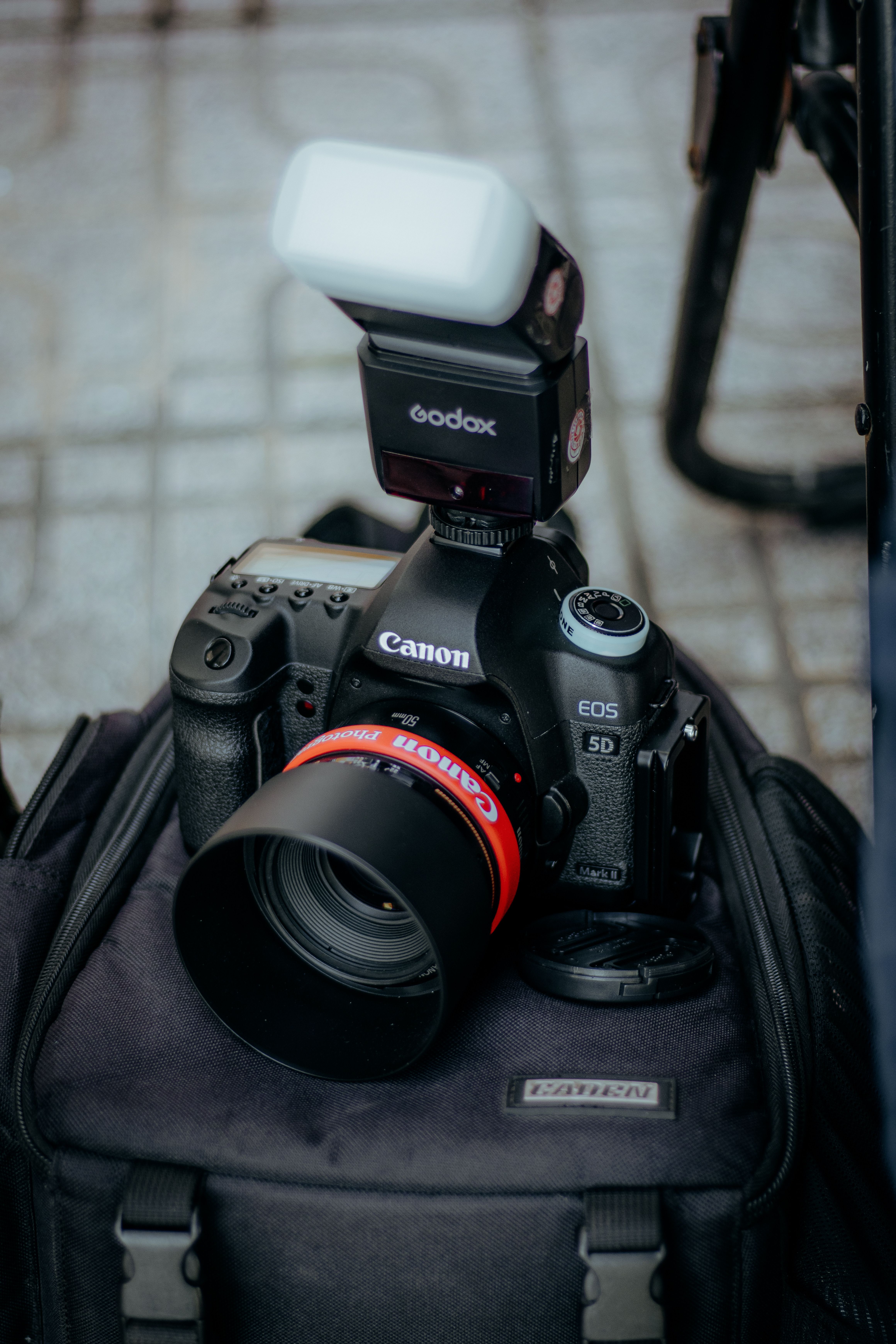With Flash On Professional Camera with Flash on Backpack Outdoors · Free Stock Photo