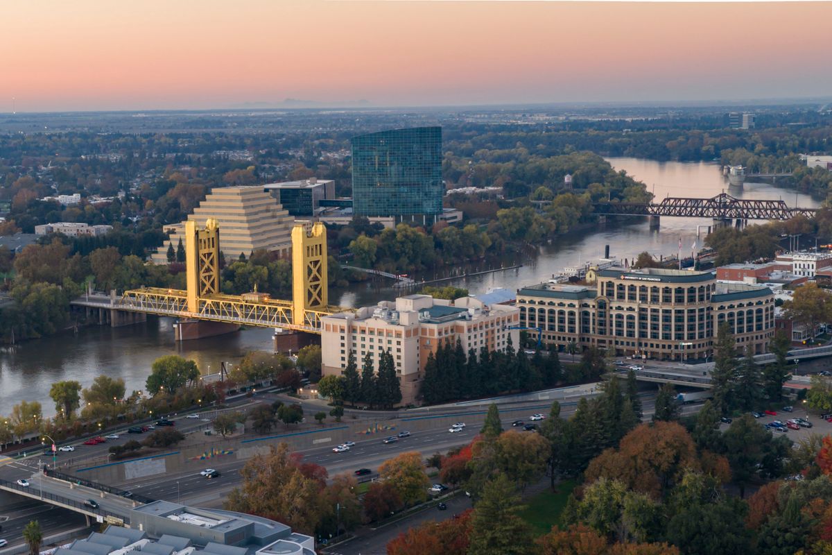 Aerial view of Sacramento, California at dusk