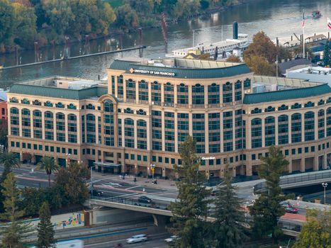Aerial view of the University of San Francisco building by the river in Sacramento.