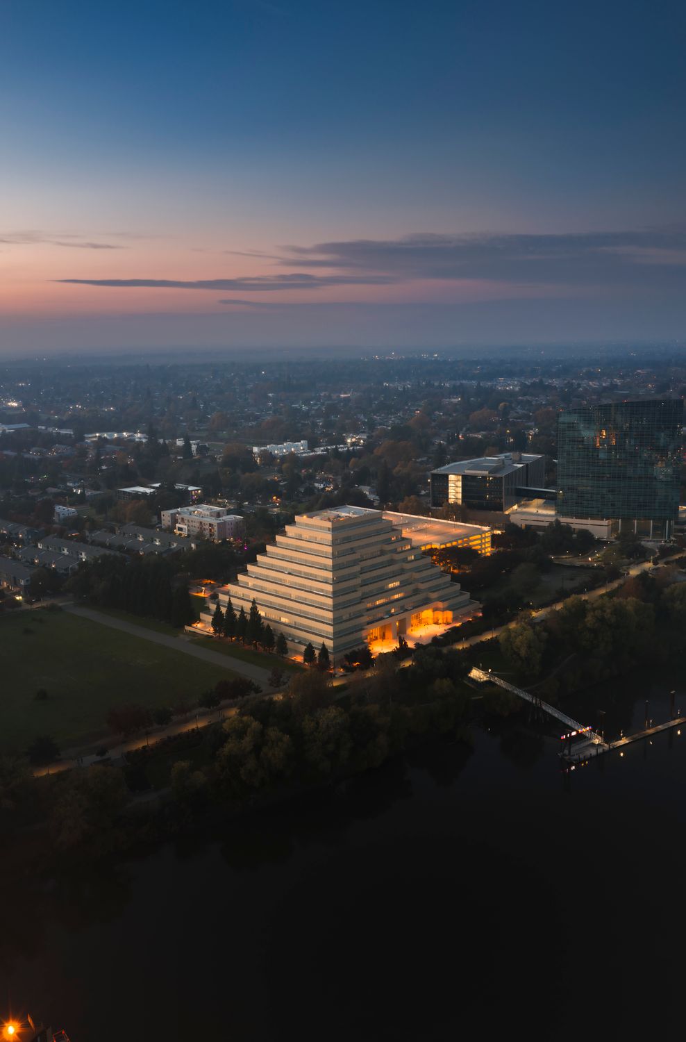 Aerial View of Sacramento Pyramid Building at Dusk · Free Stock Photo